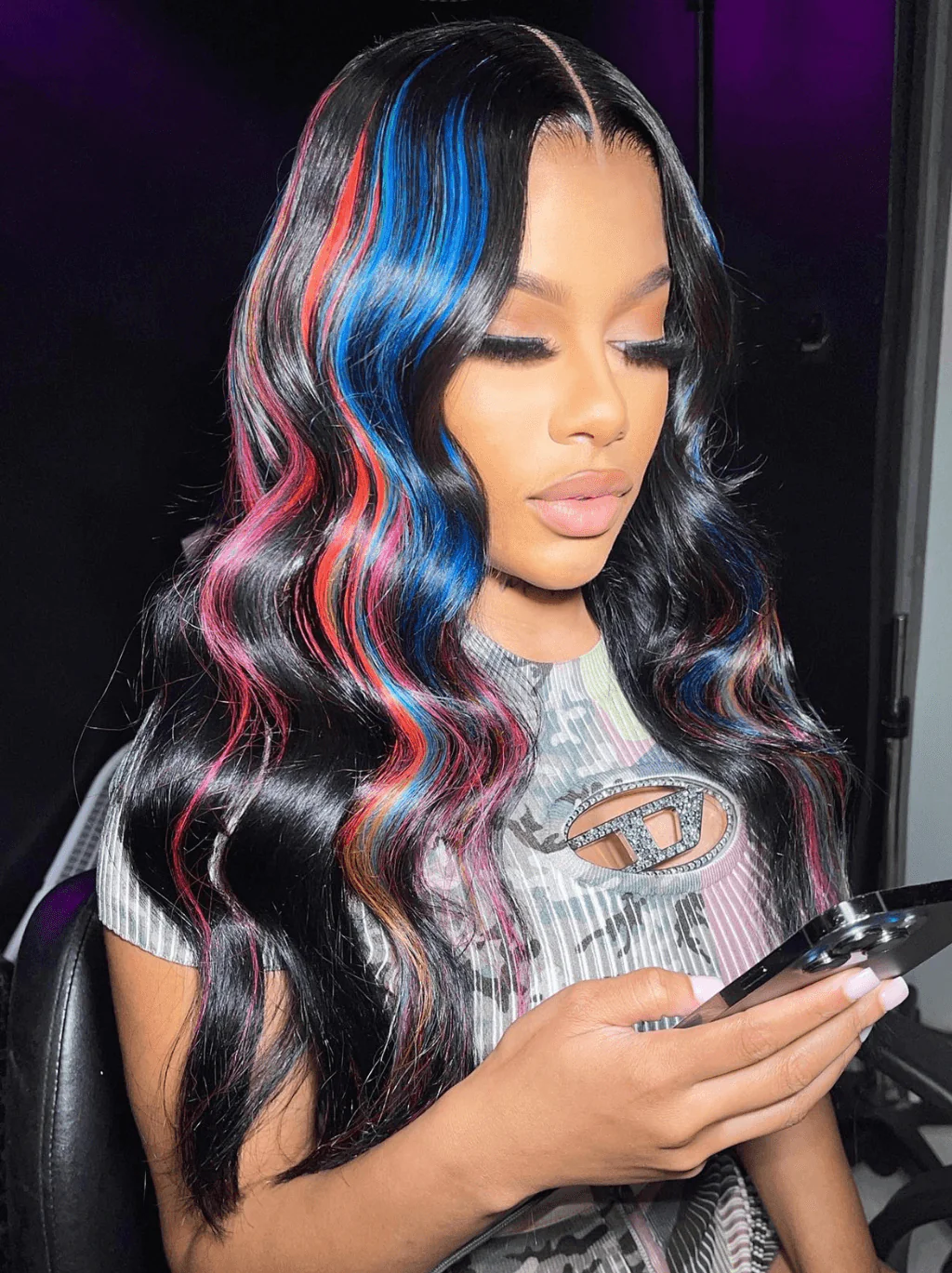 Dorsanee Black With Blue Copper Red Highlight Streaks Lace Front Human Hair Wig - Image 4