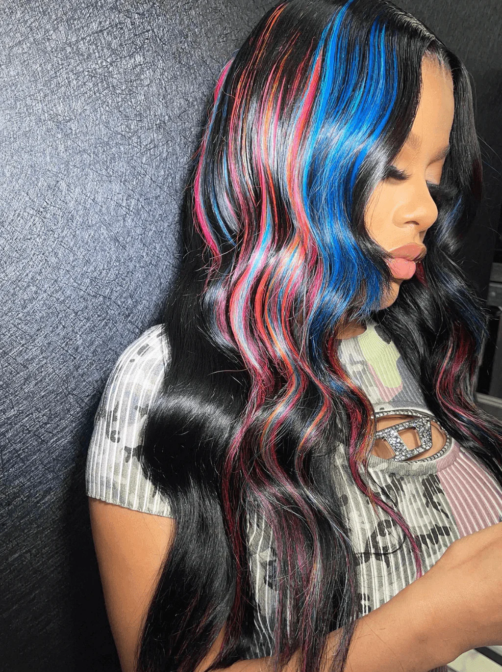 Dorsanee Black With Blue Copper Red Highlight Streaks Lace Front Human Hair Wig - Image 5
