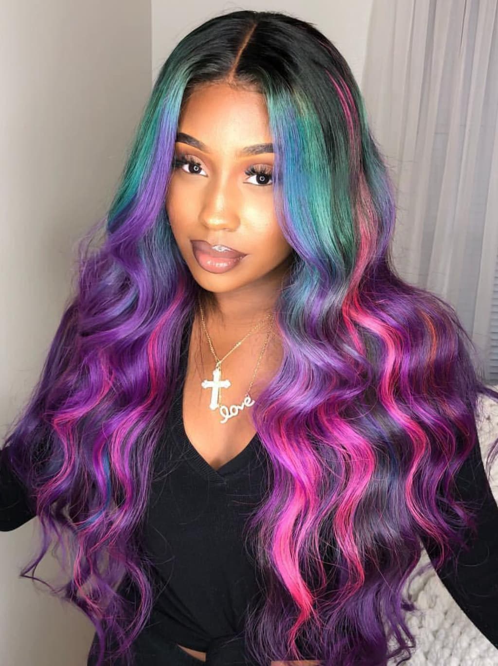 Dorsanee Black With Blue Green Purple Pink Highlight Dark Roots 13x4 Lace Front Human Hair Wigs - Image 2