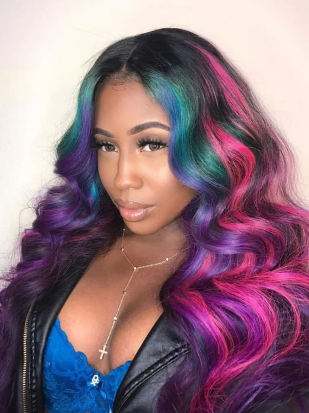 Dorsanee Black With Blue Green Purple Pink Highlight Dark Roots 13x4 Lace Front Human Hair Wigs - Image 3