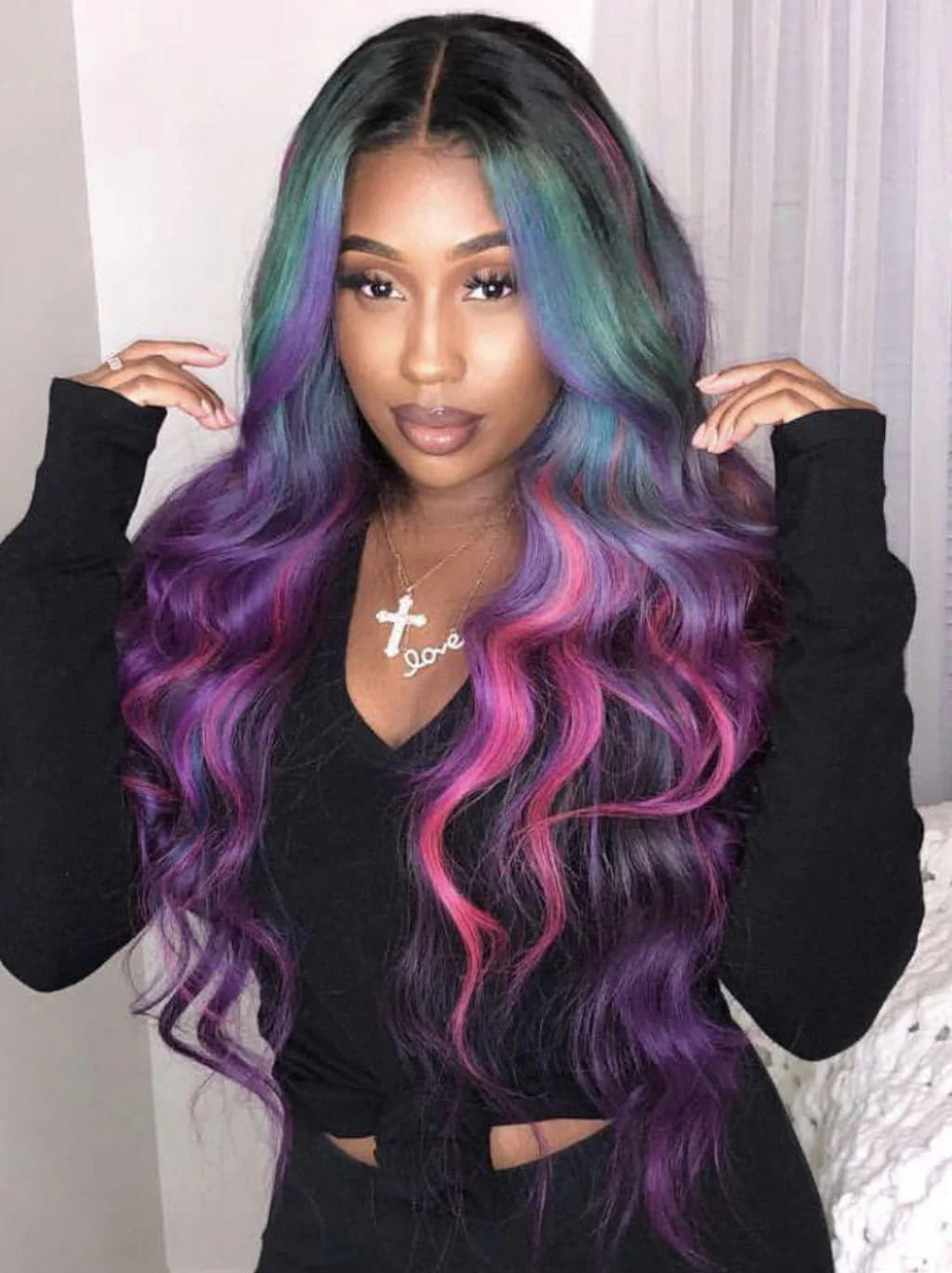 Dorsanee Black With Blue Green Purple Pink Highlight Dark Roots 13x4 Lace Front Human Hair Wigs - Image 4
