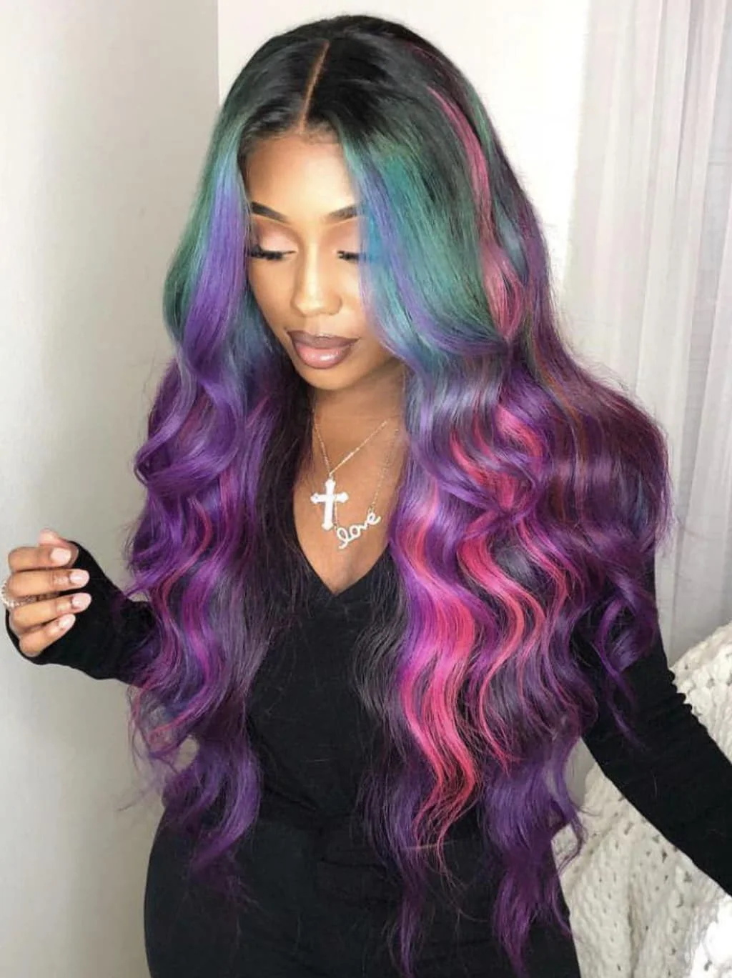Dorsanee Black With Blue Green Purple Pink Highlight Dark Roots 13x4 Lace Front Human Hair Wigs - Image 5