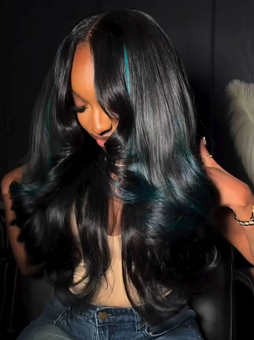 Dorsanee Black With Blue Highlight Streaks 13x4 HD Lace Front Human Hair Wigs - Image 2
