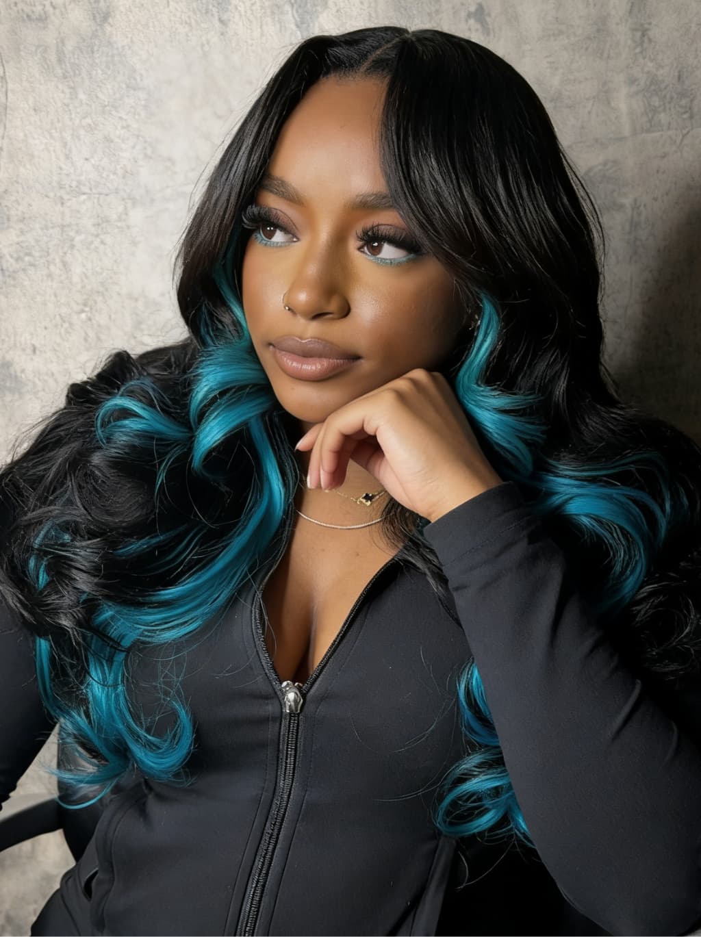 Dorsanee Black With Blue Highlight Streaks 13x4 Lace Front Human Hair Wigs 200 Density - Image 2