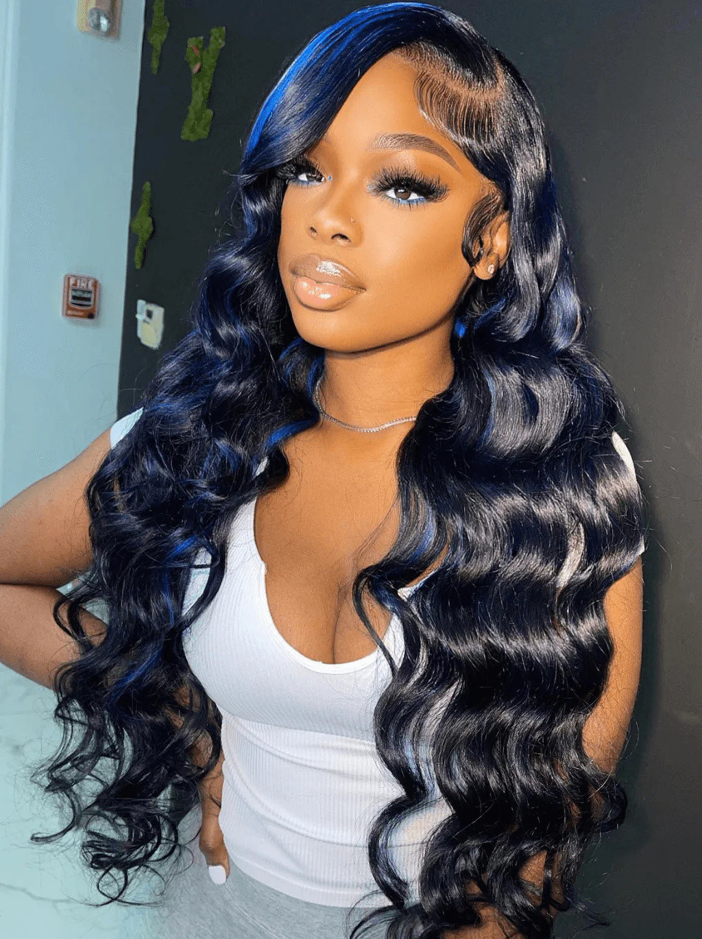 Dorsanee Black With Blue Highlights Streaks 13x4 HD Lace Front Human Hair Wigs - Image 3