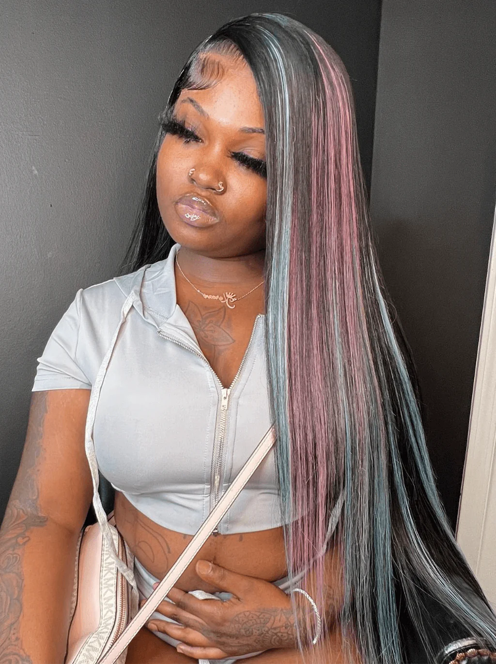 Dorsanee Black With Blue Hot Pink Bone Straight 13x4 Lace Front Human Hair Wigs - Image 2