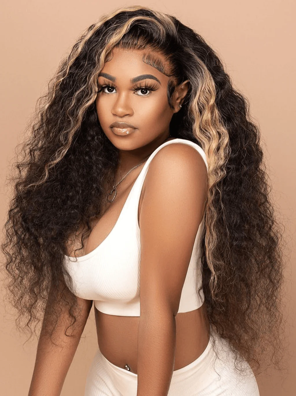 Dorsanee Black With Brown Highlight Streak Deep Wave Curly Remy Human Hair Wigs