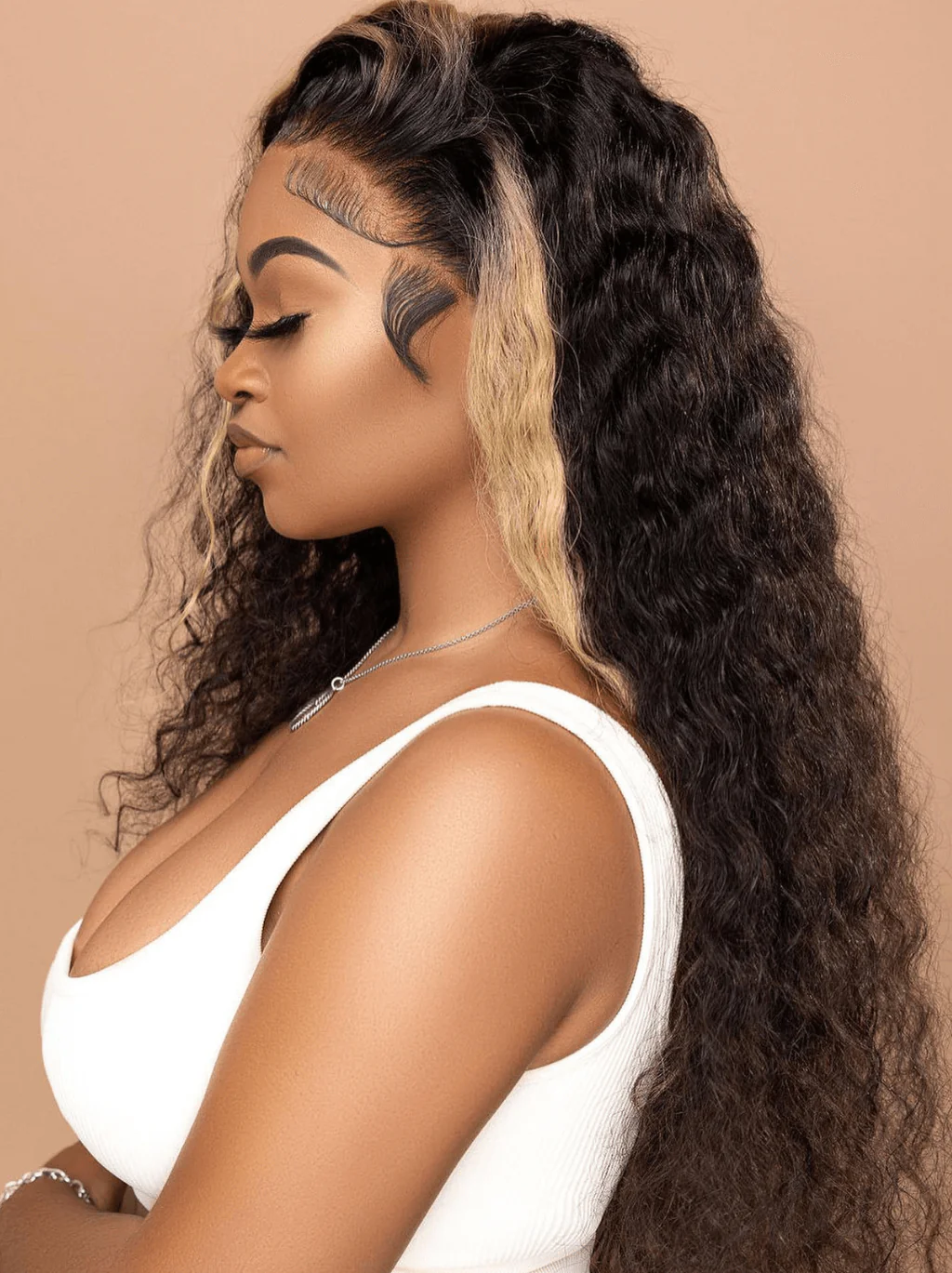 Dorsanee Black With Brown Highlight Streak Deep Wave Curly Remy Human Hair Wigs - Image 3