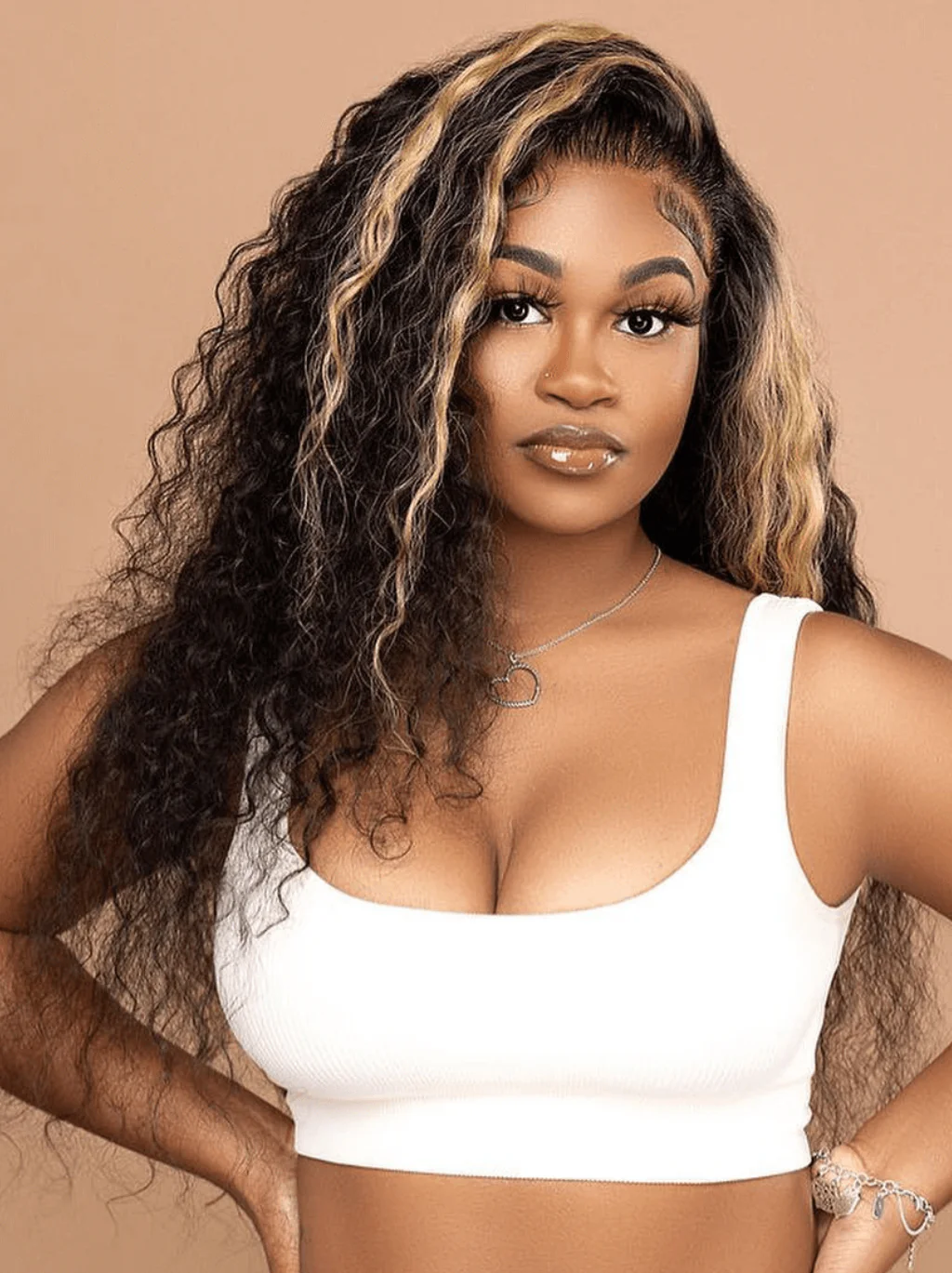 Dorsanee Black With Brown Highlight Streak Deep Wave Curly Remy Human Hair Wigs - Image 4