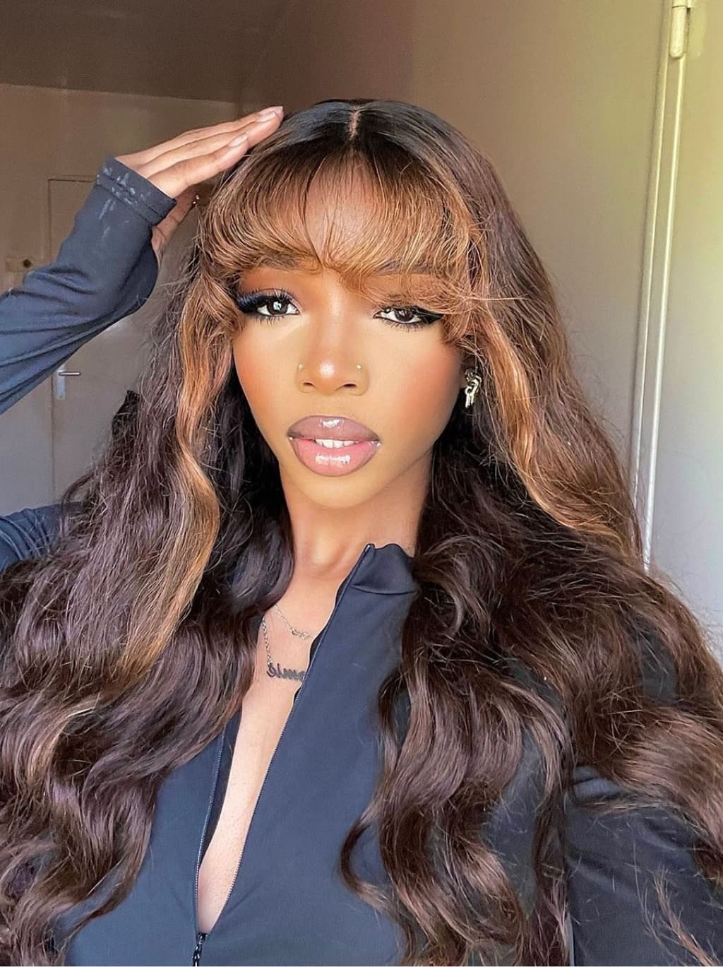Dorsanee Black With Brown Highlights Wavy 13x4 Lace Front Human Hair Wig With Bangs - Image 2