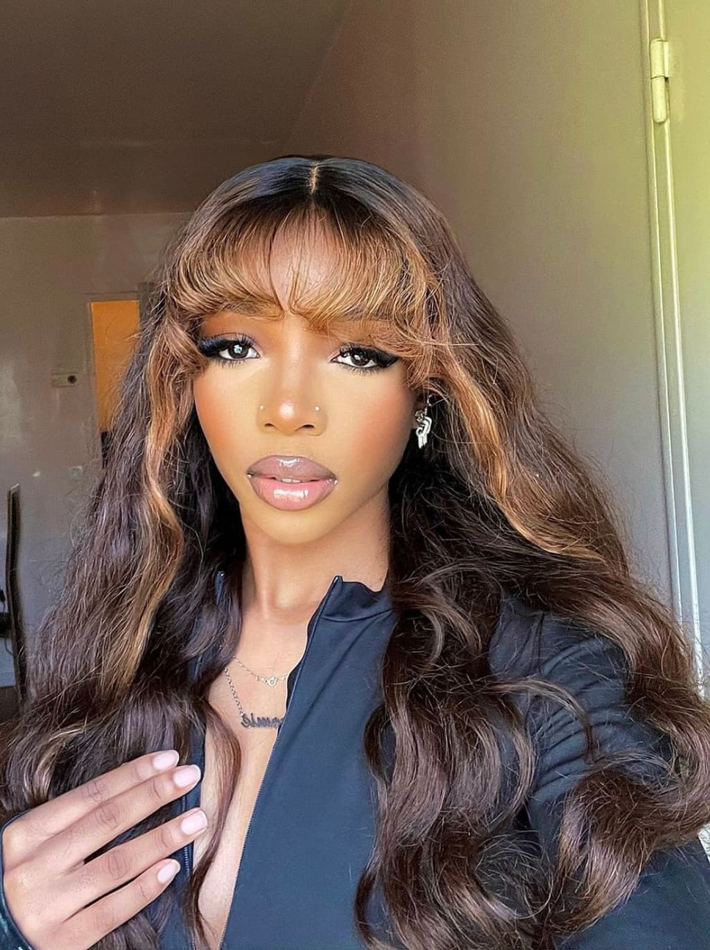 Dorsanee Black With Brown Highlights Wavy 13x4 Lace Front Human Hair Wig With Bangs - Image 3