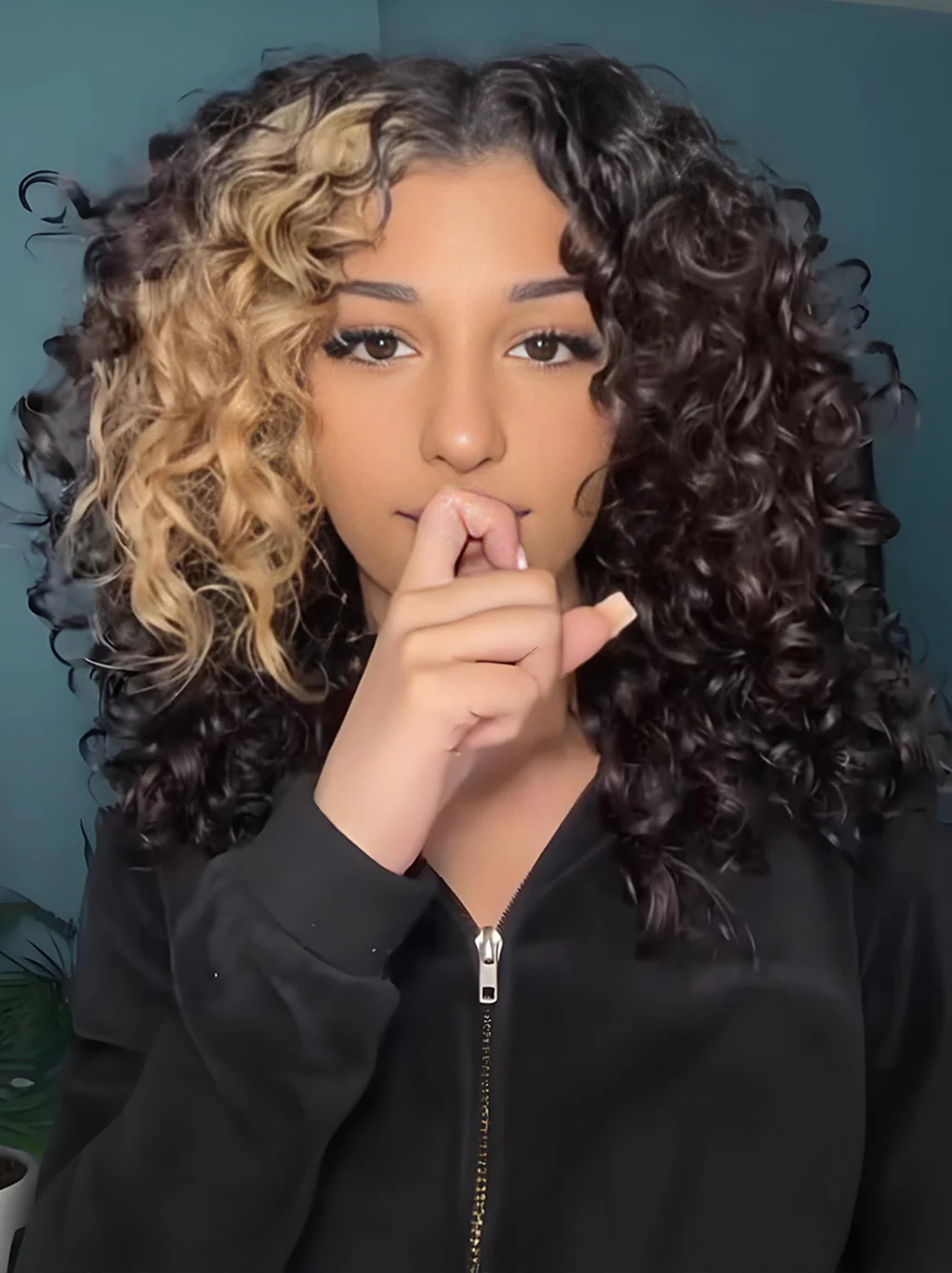 Dorsanee Black With Brown Streaks Short Bob Bouncy Curls 13x4 Lace Front Human Hair Wigs - Image 2