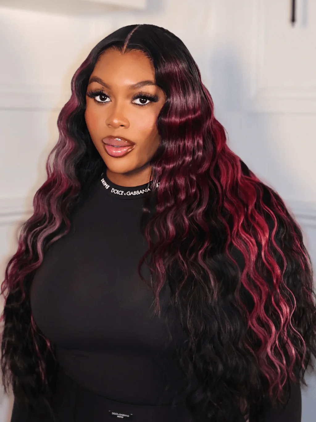 Dorsanee Black With Burgundy Red Highlight Streaks Virgin Remy Human Hair Wigs - Image 2