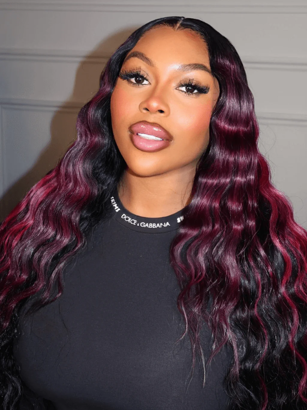 Dorsanee Black With Burgundy Red Highlight Streaks Virgin Remy Human Hair Wigs - Image 3
