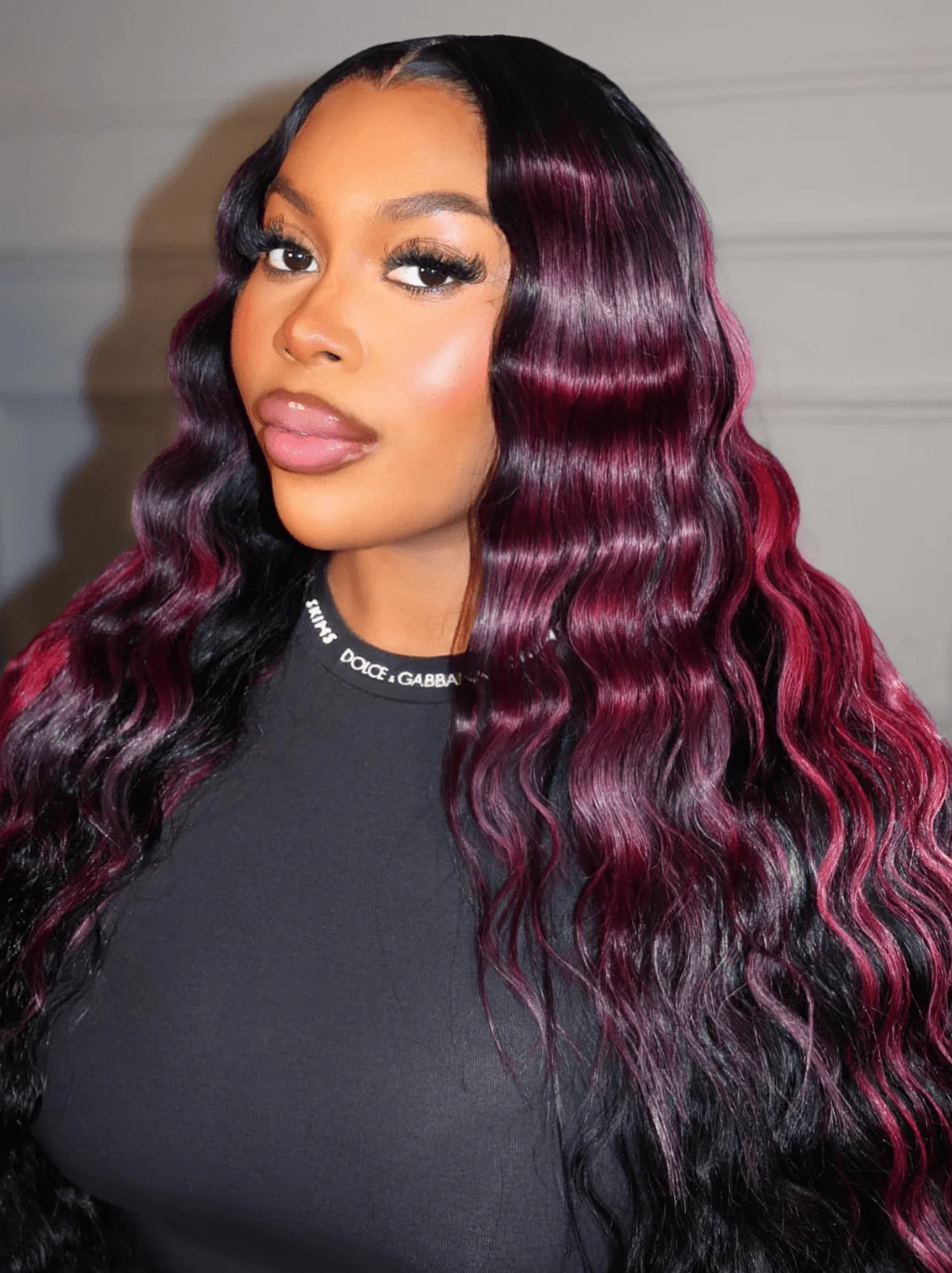 Dorsanee Black With Burgundy Red Highlight Streaks Virgin Remy Human Hair Wigs - Image 4
