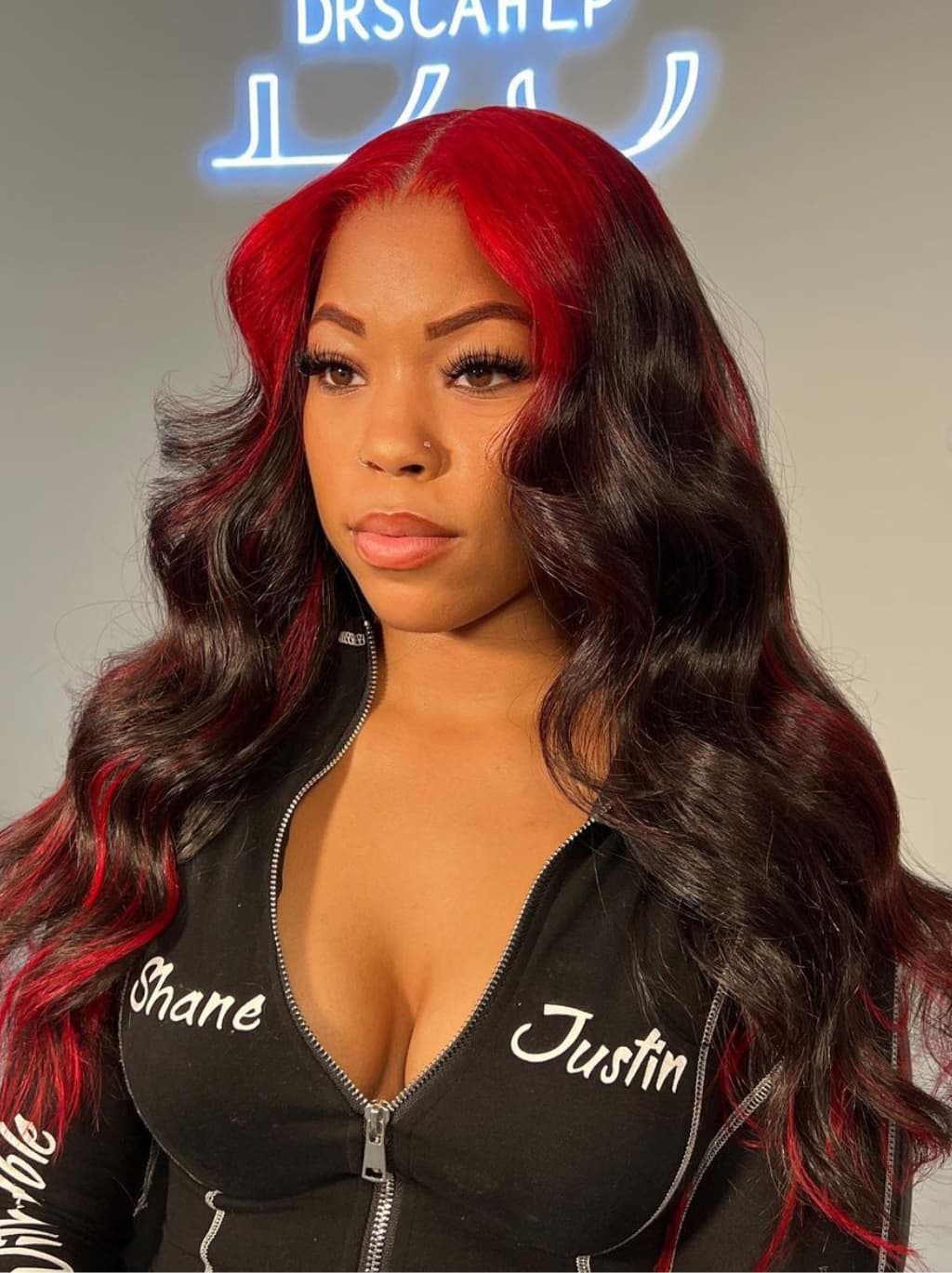 Dorsanee Black With Cherry Red Highlights Roots 13x4 Lace Front Human Hair Wigs 200 Density - Image 2
