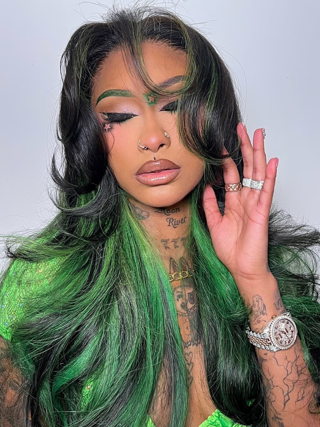 Dorsanee Black With Emerald Green Highlights Face-Framing  Luxury Layered Blowout 13x4 Lace Front Human Hair Wigs - Image 3