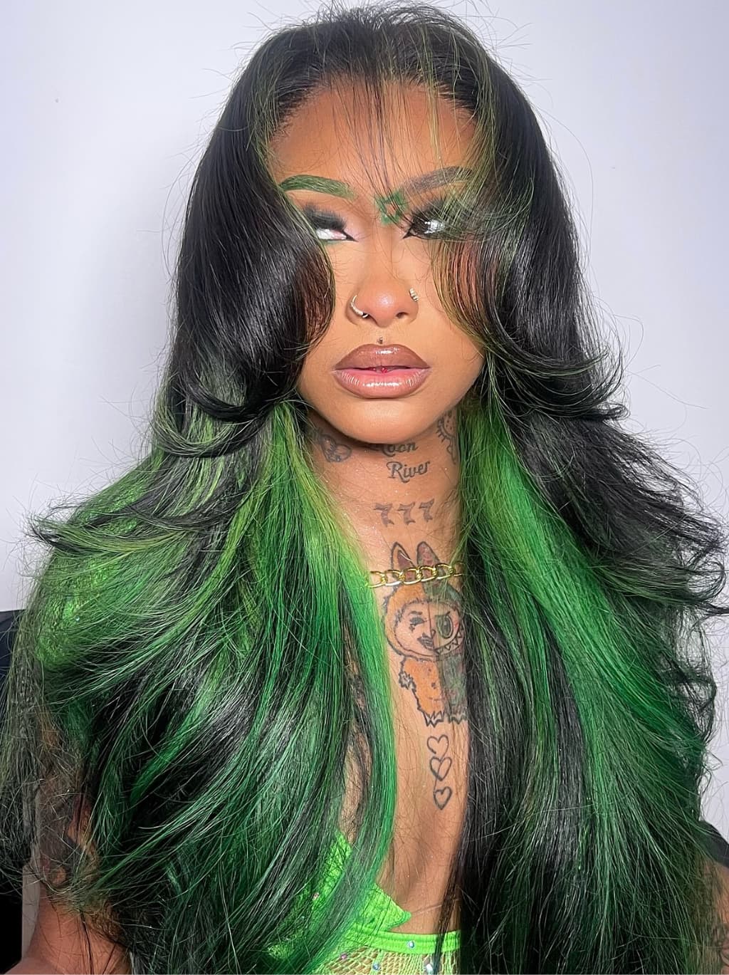 Dorsanee Black With Emerald Green Highlights Face-Framing  Luxury Layered Blowout 13x4 Lace Front Human Hair Wigs - Image 4