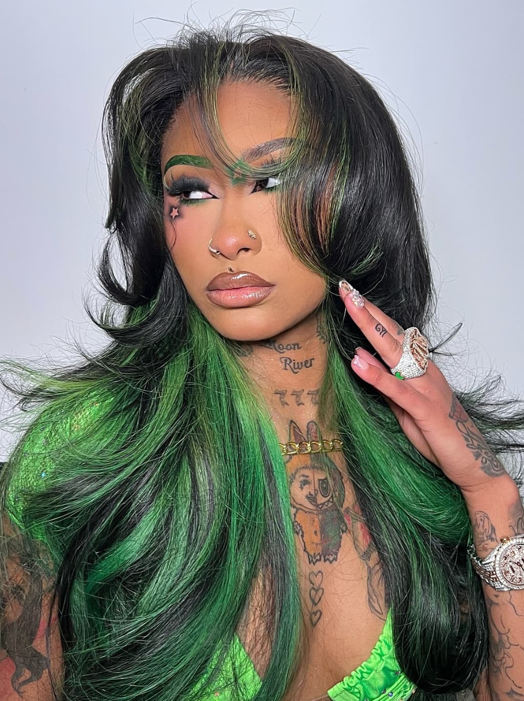 Dorsanee Black With Emerald Green Highlights Face-Framing  Luxury Layered Blowout 13x4 Lace Front Human Hair Wigs - Image 5