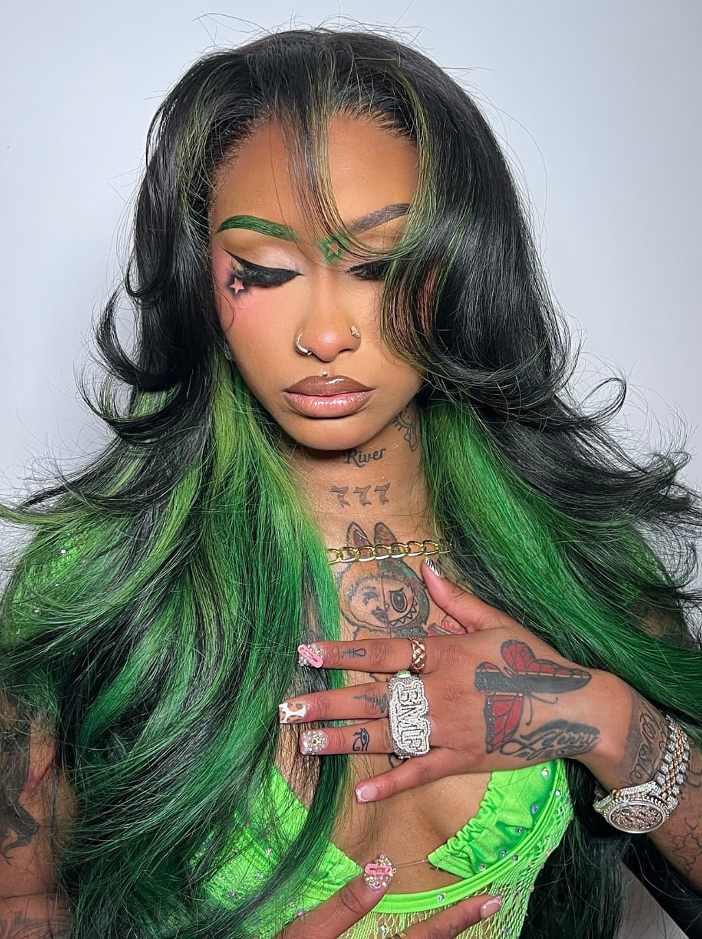 Dorsanee Black With Emerald Green Highlights Face-Framing  Luxury Layered Blowout 13x4 Lace Front Human Hair Wigs - Image 6