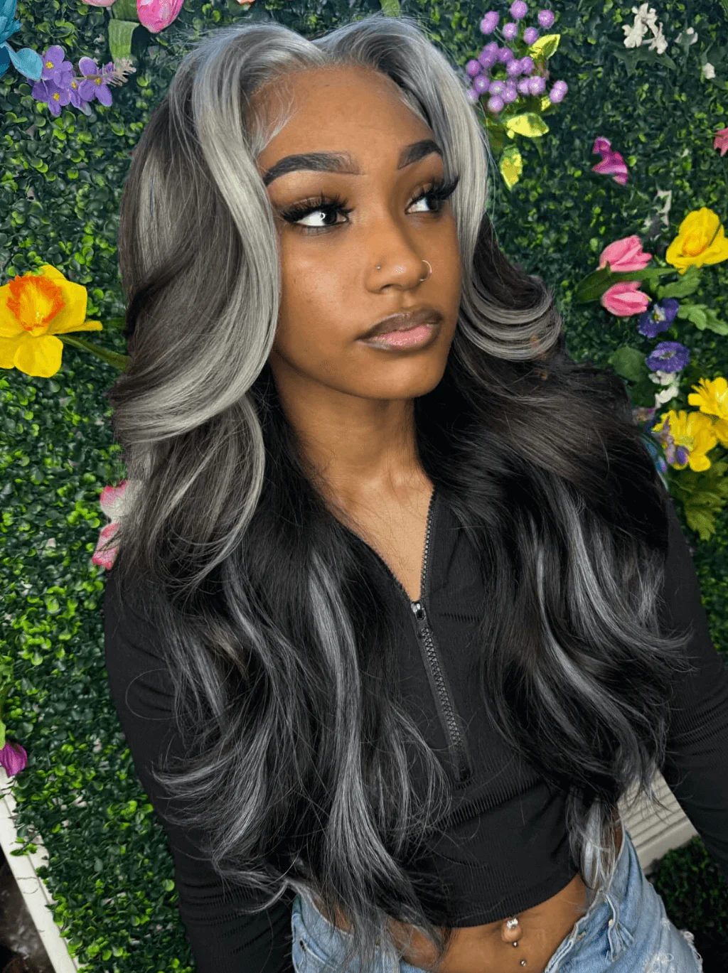 Dorsanee Black With Gray Skunk Streak Highlight Body Wave Virign Human Hair Wig - Image 2