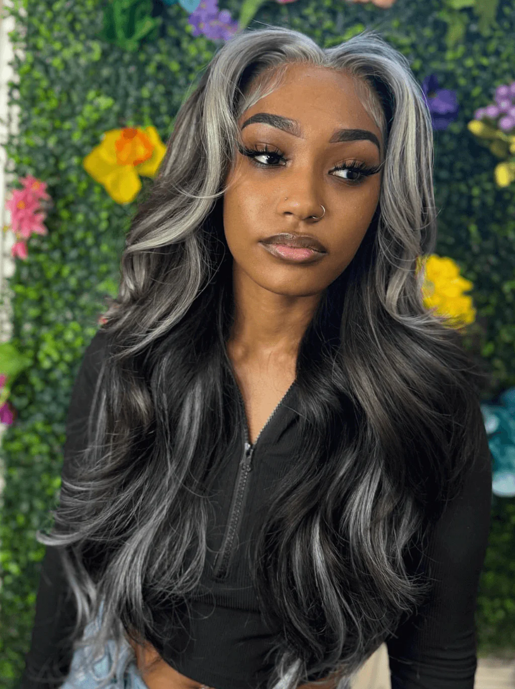 Dorsanee Black With Gray Skunk Streak Highlight Body Wave Virign Human Hair Wig - Image 3
