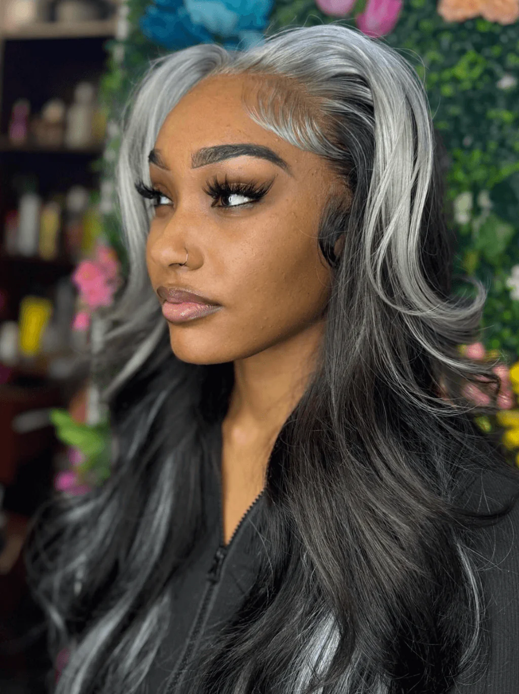 Dorsanee Black With Gray Skunk Streak Highlight Body Wave Virign Human Hair Wig - Image 4