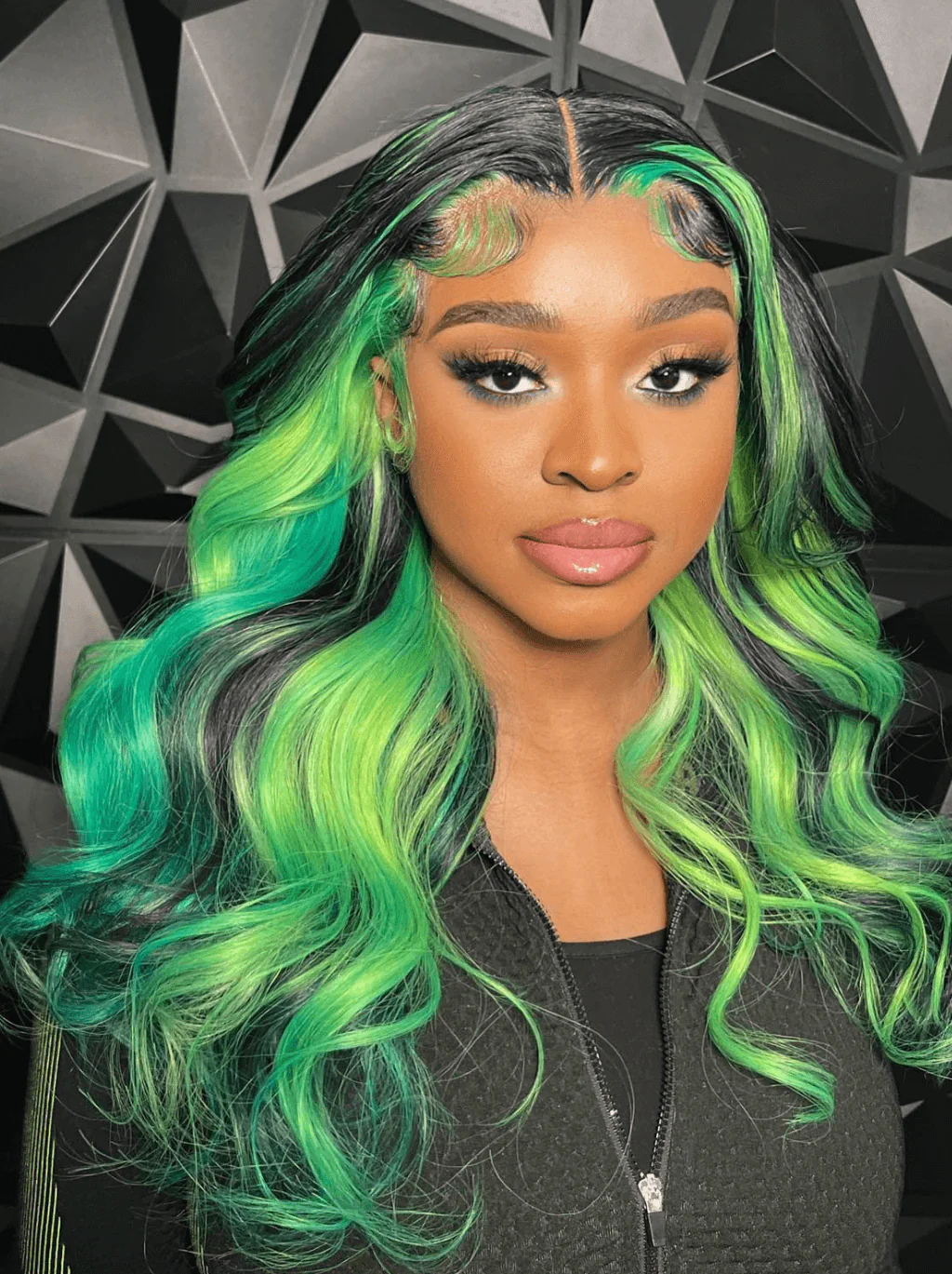 Dorsanee Black With Green Color Highlights Streaks 200 Density Human Hair Wigs - Image 2