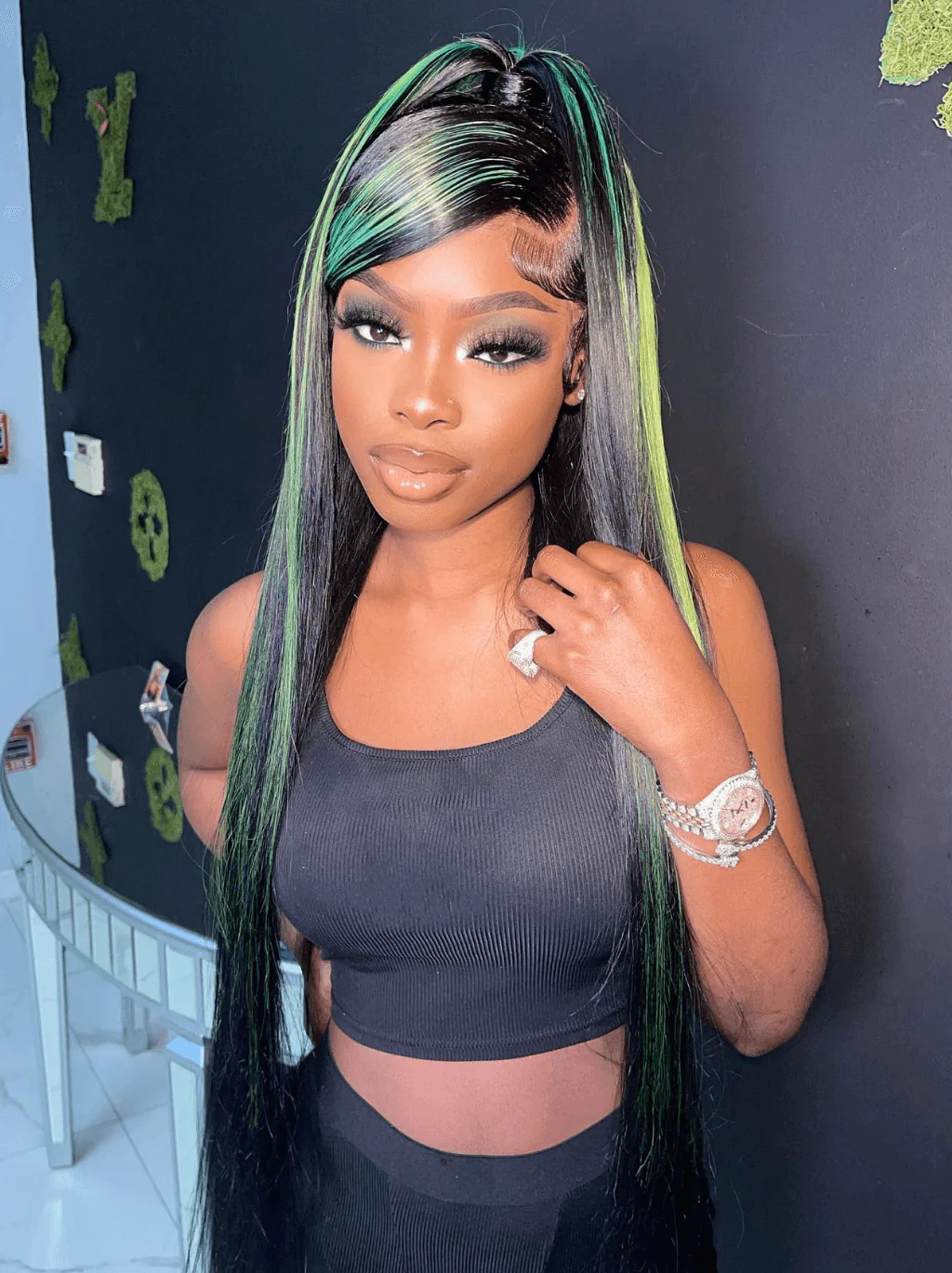 Dorsanee Black With Green Highlight Bone Straight HD Lace Front Human Hair Wig - Image 2