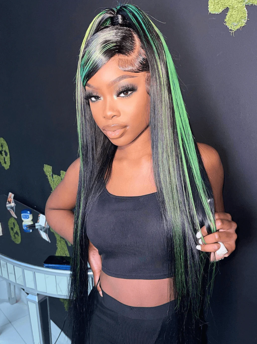 Dorsanee Black With Green Highlight Bone Straight HD Lace Front Human Hair Wig - Image 4