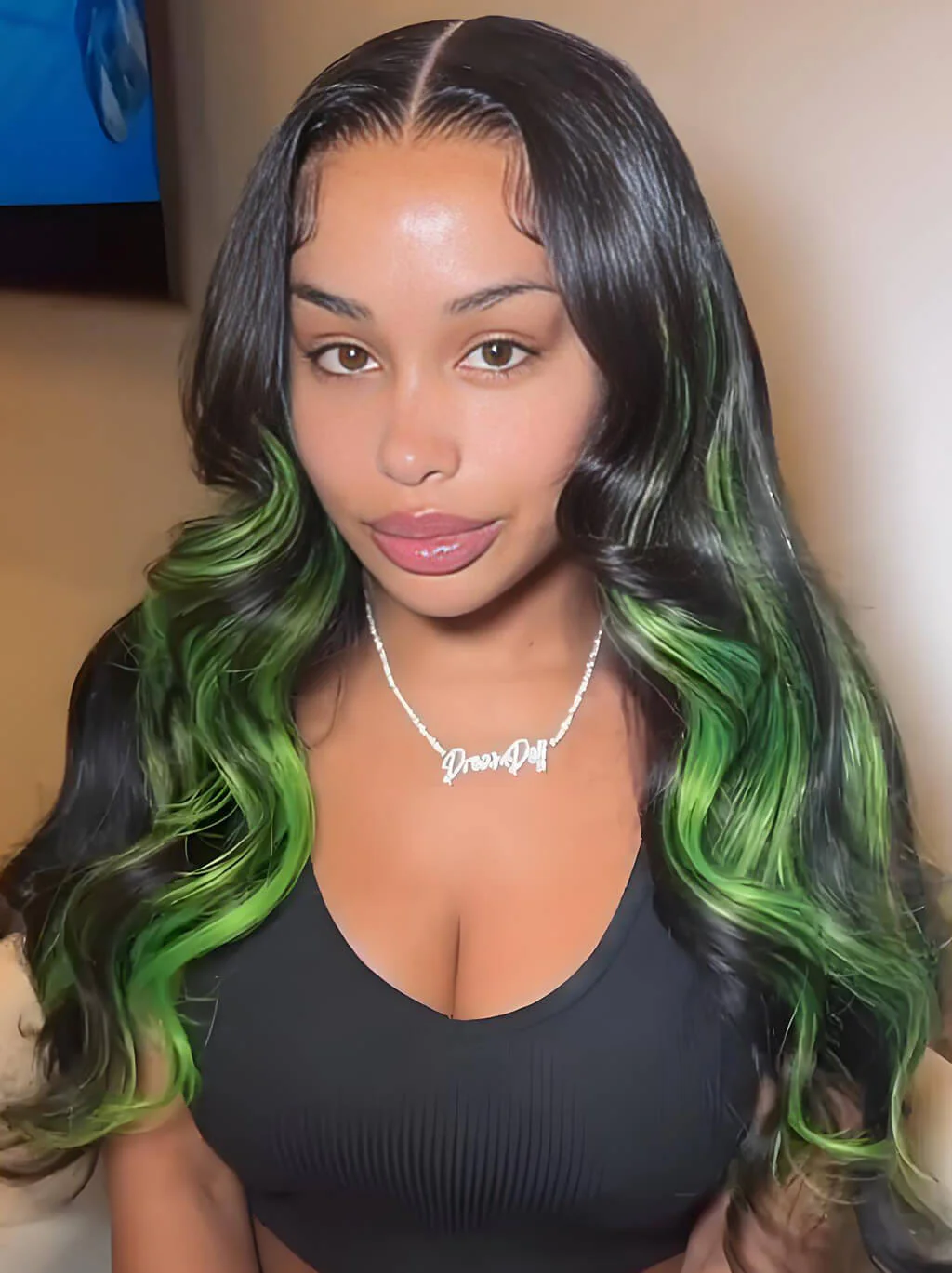 Dorsanee Black With Green Highlight Streaks 13x4 Lace Front Human Hair Wigs - Image 2
