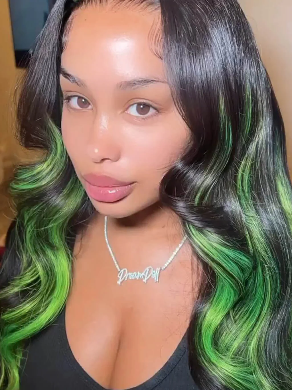 Dorsanee Black With Green Highlight Streaks 13x4 Lace Front Human Hair Wigs - Image 3