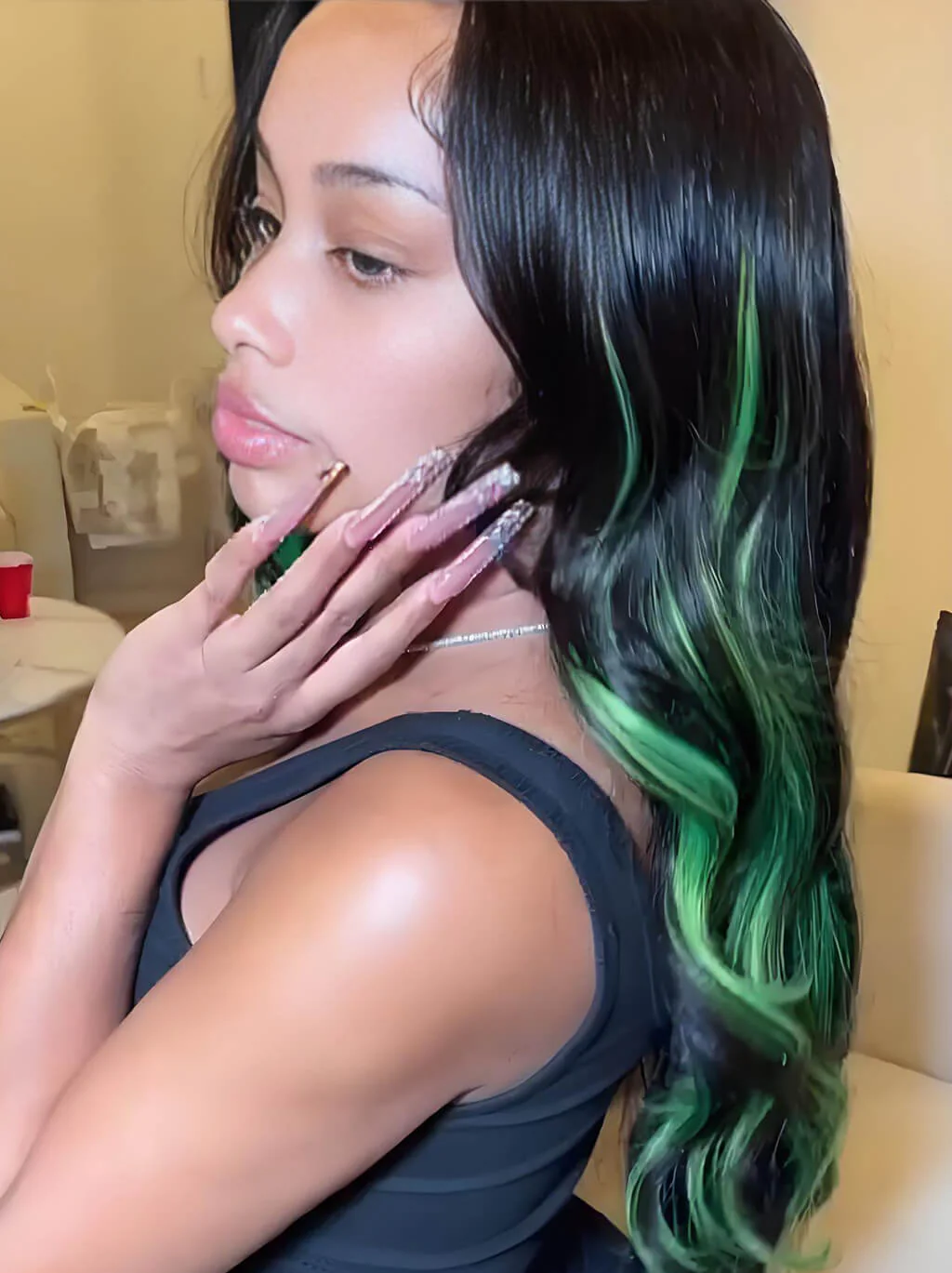 Dorsanee Black With Green Highlight Streaks 13x4 Lace Front Human Hair Wigs - Image 4