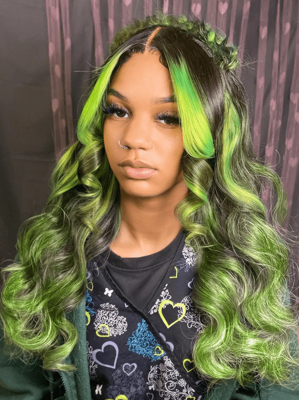 Dorsanee Black With Green Highlight Streaks 13x4 Lace Front Virgin Human Hair Wigs - Image 2