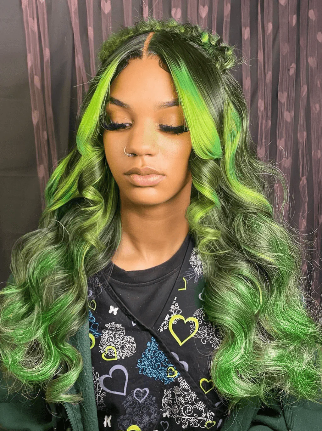 Dorsanee Black With Green Highlight Streaks 13x4 Lace Front Virgin Human Hair Wigs - Image 3