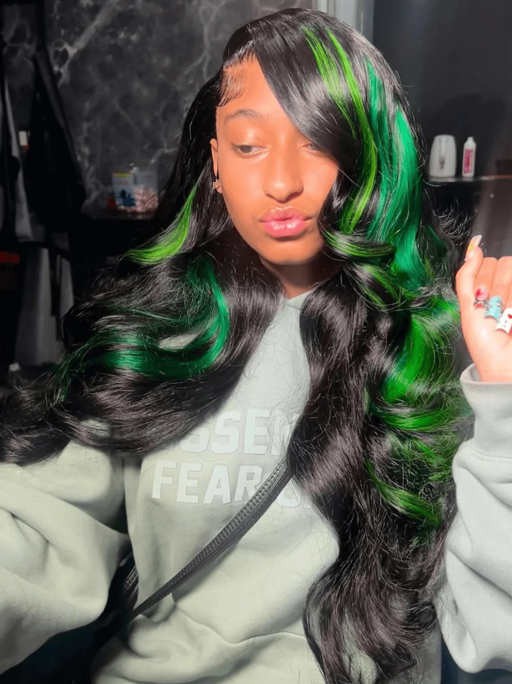 Dorsanee Black With Green Highlight Streaks Body Wave Lace Front Human Hair Wig - Image 3