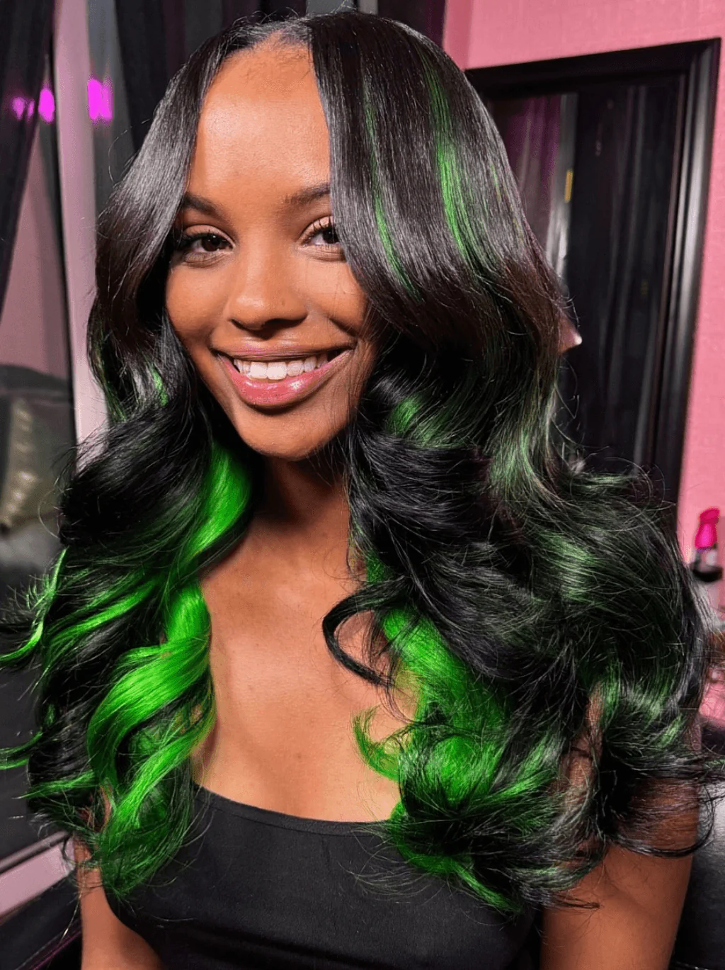 Dorsanee Black With Green Highlight Streaks Lace Front Human Hair Wigs - Image 2