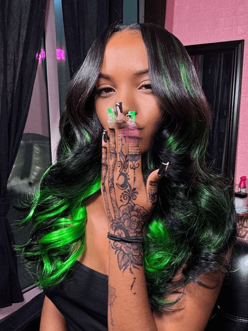 Dorsanee Black With Green Highlight Streaks Lace Front Human Hair Wigs - Image 3