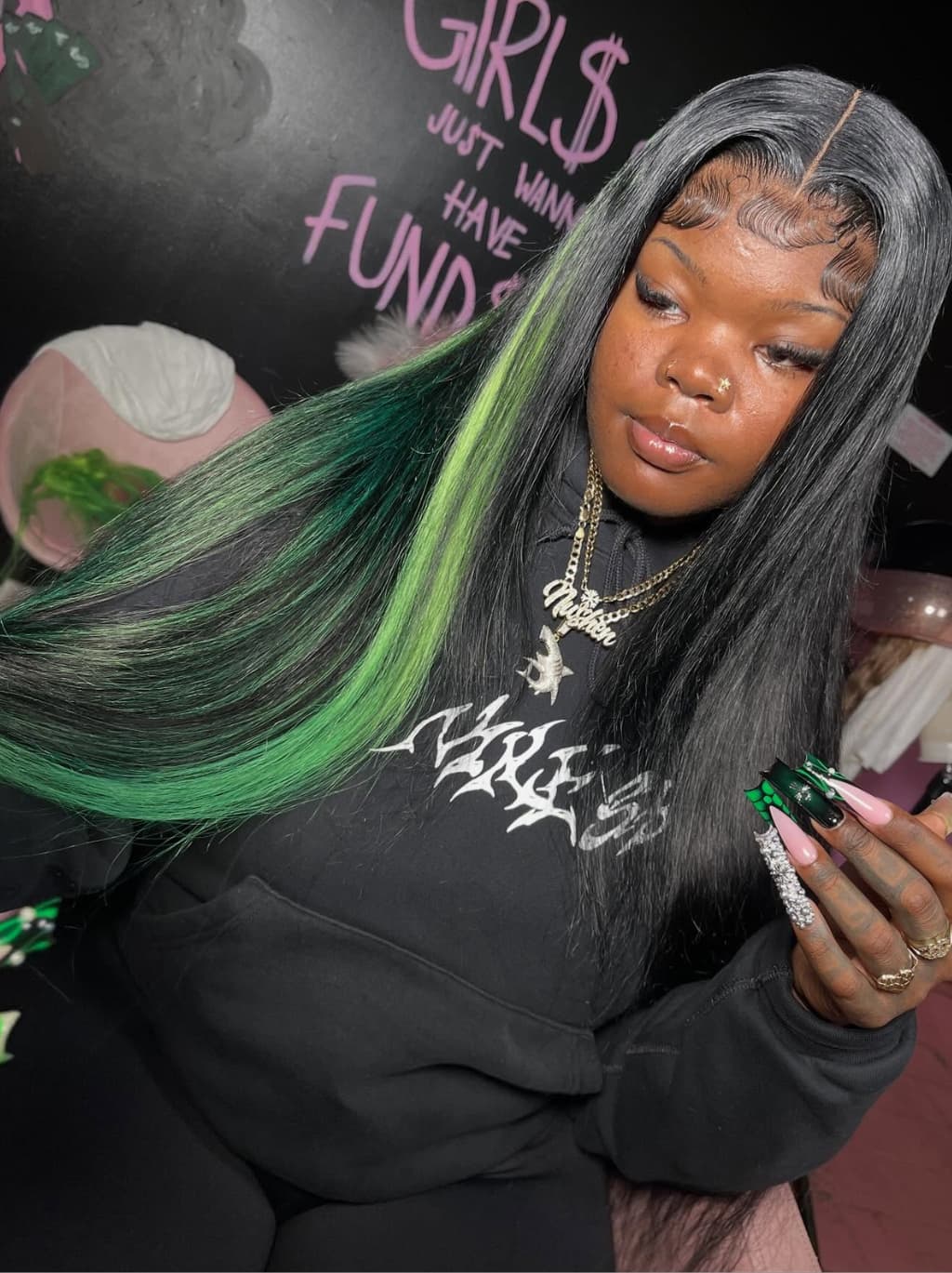 Dorsanee Black With Green Highlights 13x4 Lace Front Human Hair Wigs 200 Density - Image 2