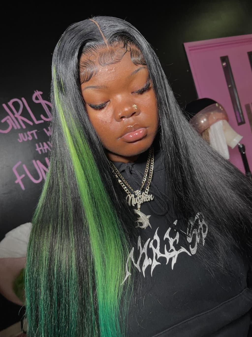 Dorsanee Black With Green Highlights 13x4 Lace Front Human Hair Wigs 200 Density - Image 3