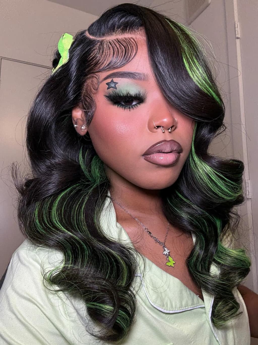 Dorsanee Black with Green Highlights Money Piece Color 13x4 Lace Front Human Hair Wig - Image 2