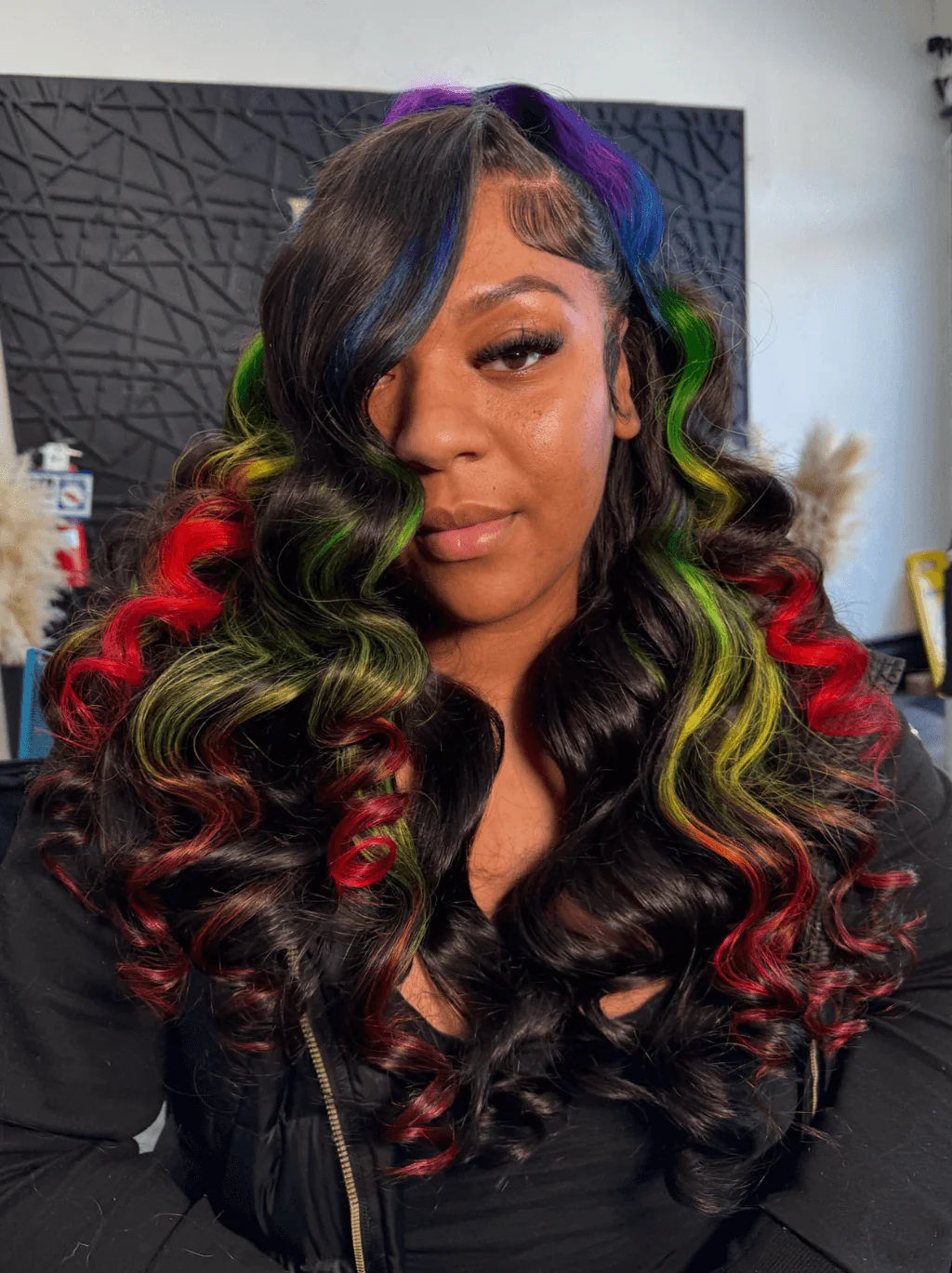 Dorsanee Black With Green Red Yellow Highlight Streaks 13x4 Lace Front Human Hair Wigs - Image 2