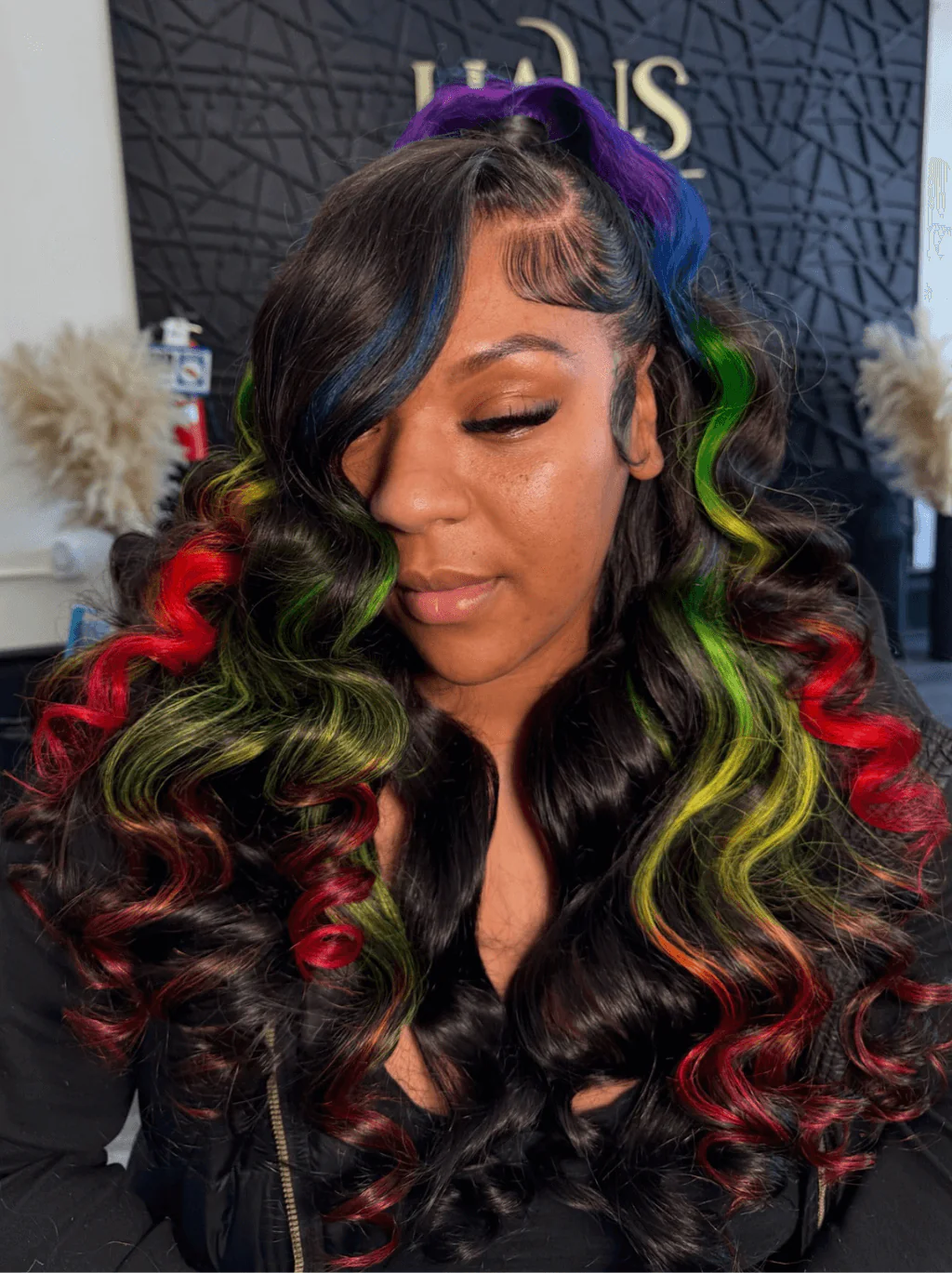 Dorsanee Black With Green Red Yellow Highlight Streaks 13x4 Lace Front Human Hair Wigs - Image 3