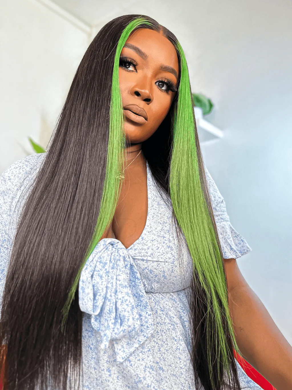 Dorsanee Black With Green Skunk Stripe Highlight Bone Straight Human Hair Wigs - Image 3