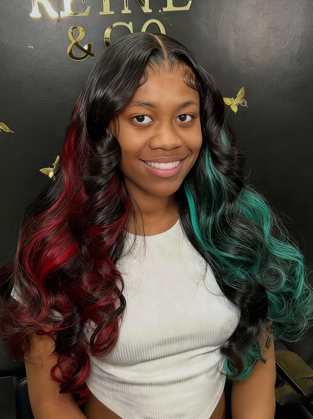 Dorsanee Black With Half Red Half Pastel Green Highlights 13x4 Lace Front Remy Human Hair Wigs - Image 2