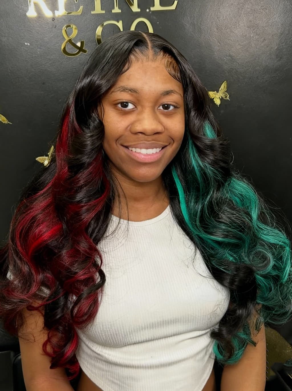 Dorsanee Black With Half Red Half Pastel Green Highlights 13x4 Lace Front Remy Human Hair Wigs - Image 3