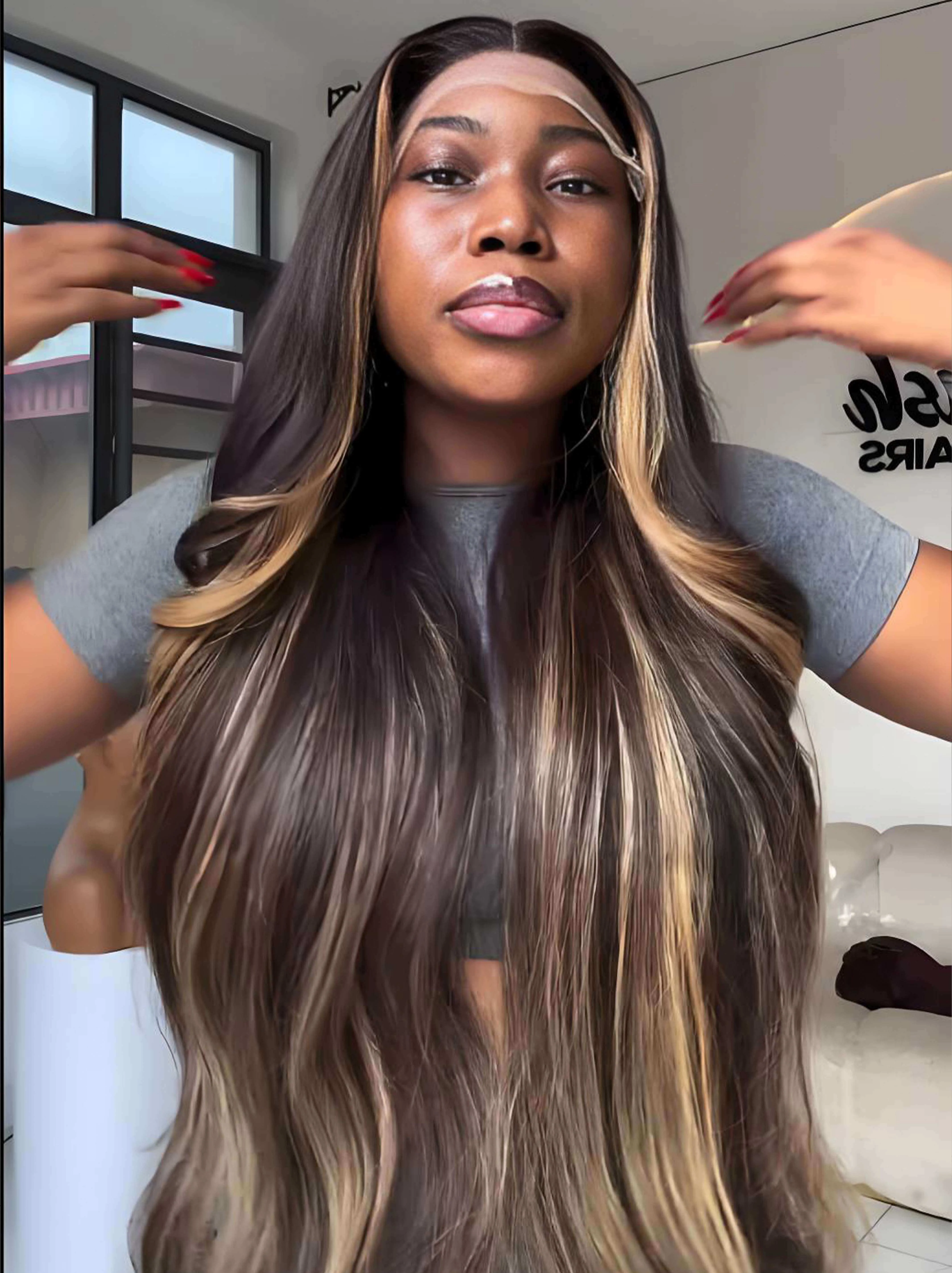 Dorsanee Black With Honey Blonde Brown Skunk Stripe Highlights 13x4 Lace Front Human Hair Wigs - Image 2