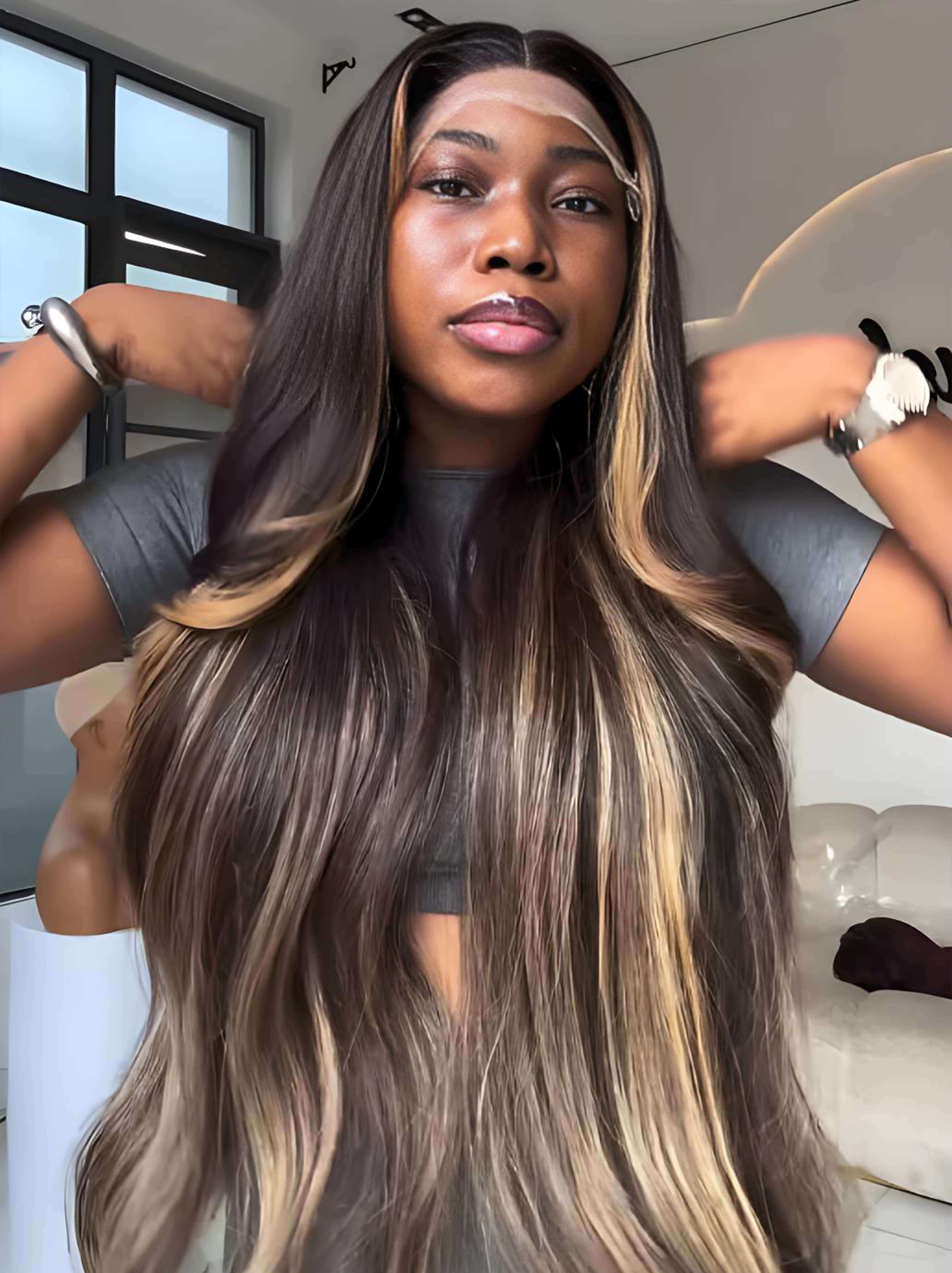 Dorsanee Black With Honey Blonde Brown Skunk Stripe Highlights 13x4 Lace Front Human Hair Wigs - Image 3