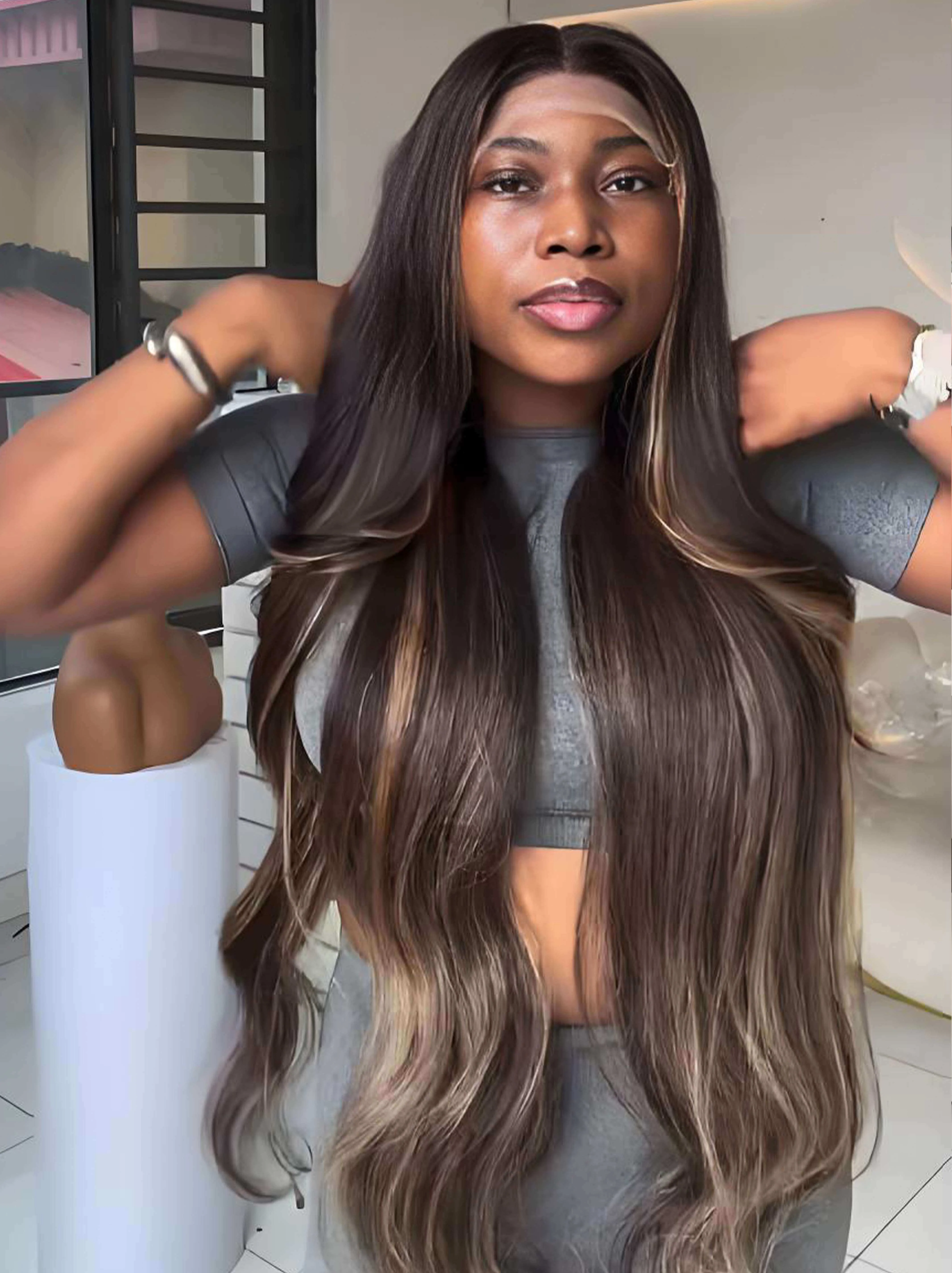 Dorsanee Black With Honey Blonde Brown Skunk Stripe Highlights 13x4 Lace Front Human Hair Wigs - Image 4