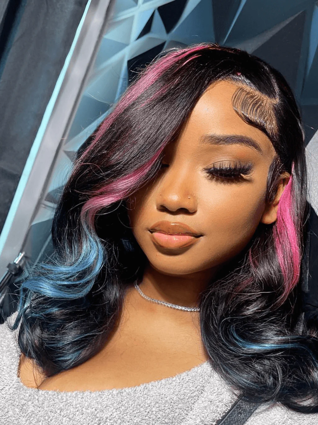 Dorsanee Black With Hot Pink Red Blue Highlight 13x4 Lace Front Human Hair Wig - Image 2